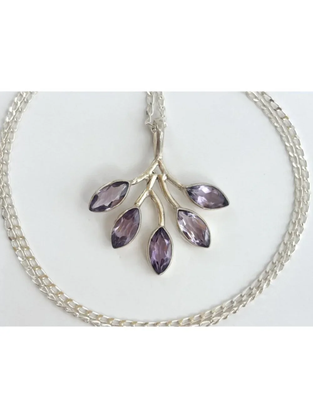 Amethyst Branched Leaves Sterling Silver 925 Vintage Pendant Necklace - 18